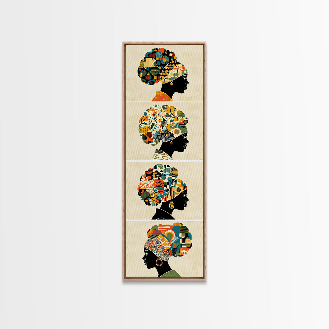 Four Floral Headwrap African Women Wall Art, Black Woman Silhouette Canvas Print, Afrocentric Ankara Decor Art Gift For Her