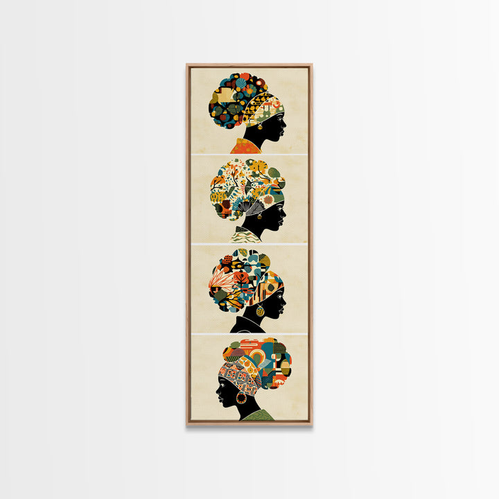 Four Floral Headwrap African Women Wall Art, Black Woman Silhouette Canvas Print, Afrocentric Ankara Decor Art Gift For Her