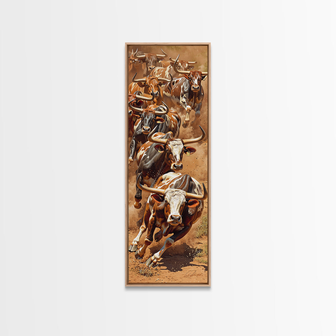 Charging African Cattle Herd In Dusty Earth Tones Canvas Print, Safari Animal Wall Decor, Rustic Farmhouse Statement Art