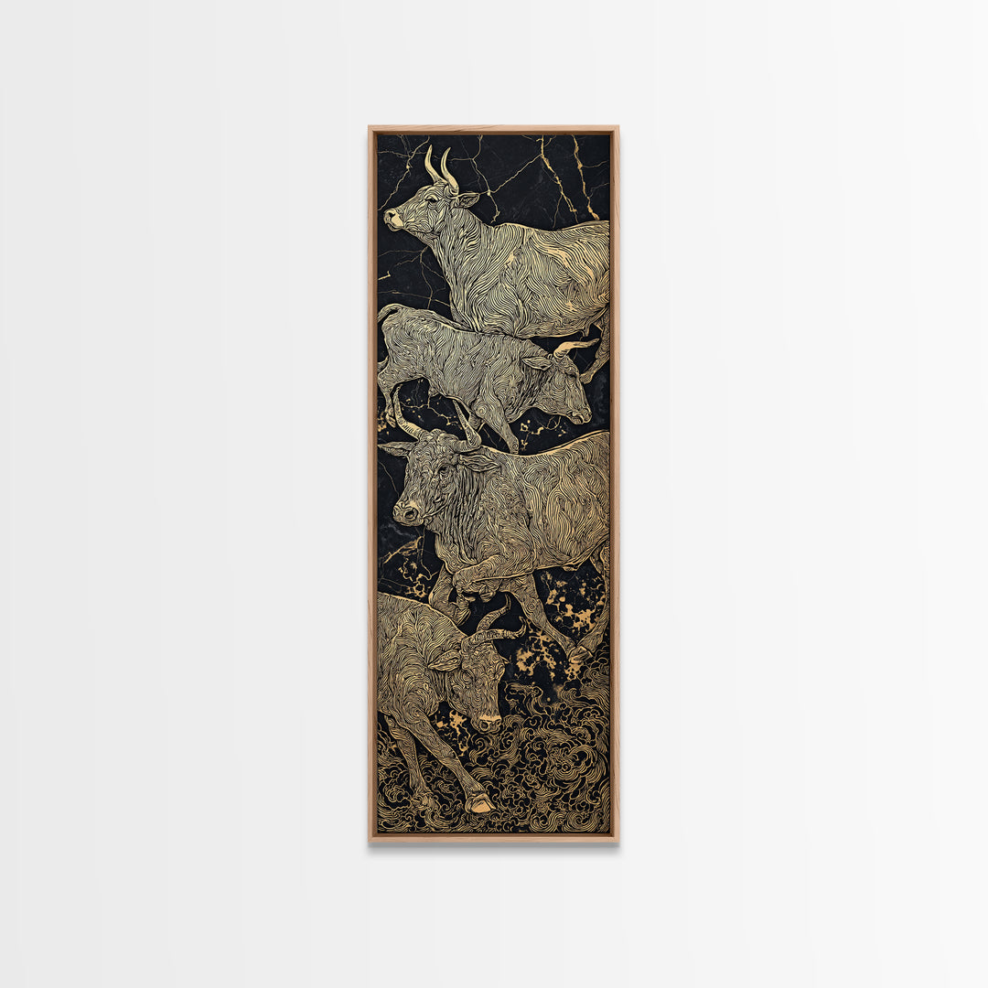 Gold Line African Cattle On Black Marble Framed Canvas Print, Tribal Animal Wall Decor, Luxury Safari Farmhouse Art Gift