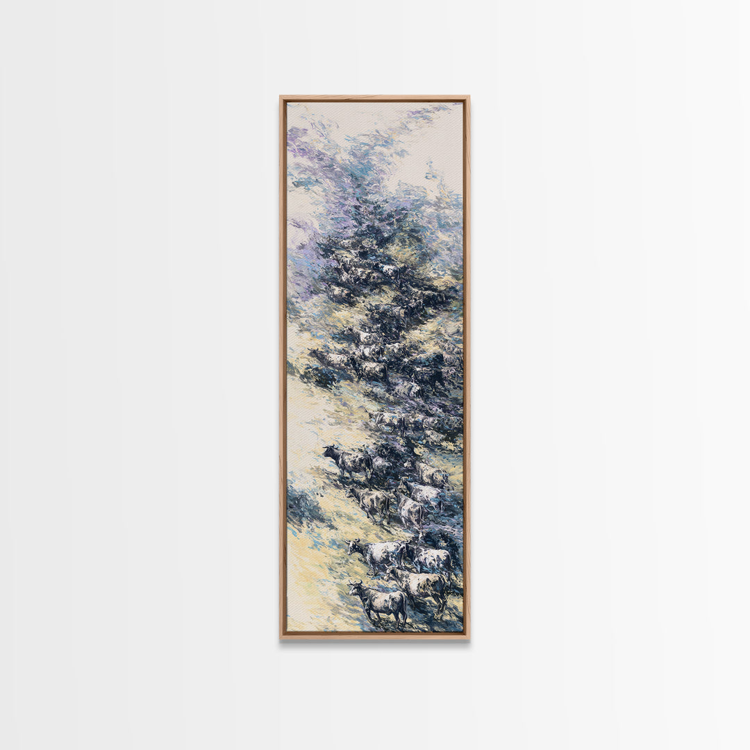 Blue Winter African Tree With Grazing Cattle Wall Art, Serene Safari Landscape, Nature Scene Home Decor For Modern Farmhouse