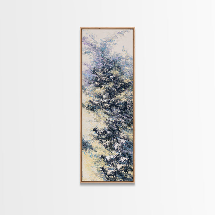Blue Winter African Tree With Grazing Cattle Wall Art, Serene Safari Landscape, Nature Scene Home Decor For Modern Farmhouse