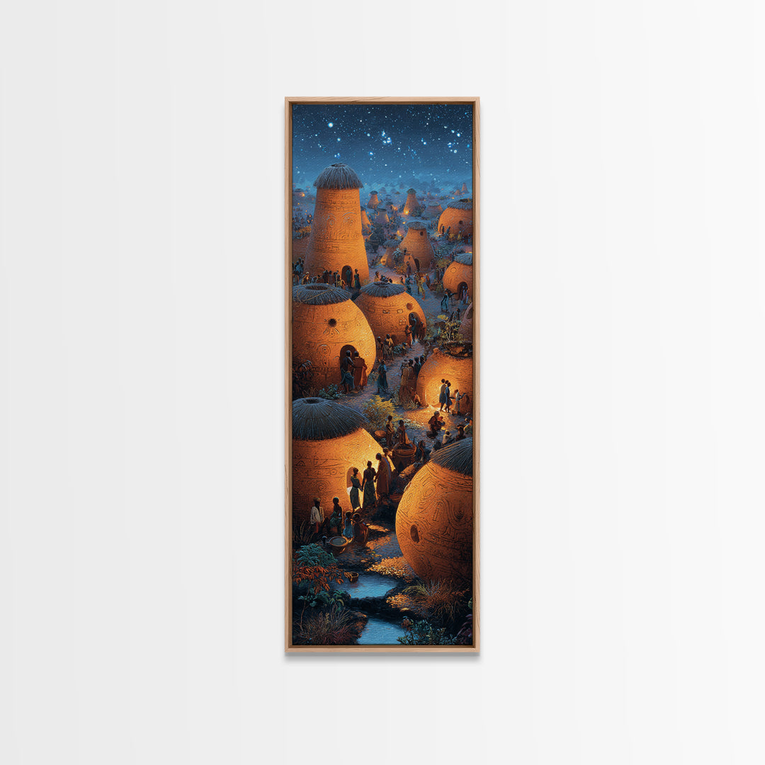 Glowing African Village At Starlit Night With Clay Huts Canvas Print, Afrocentric Wall Decor, Magical Motherland Home Art
