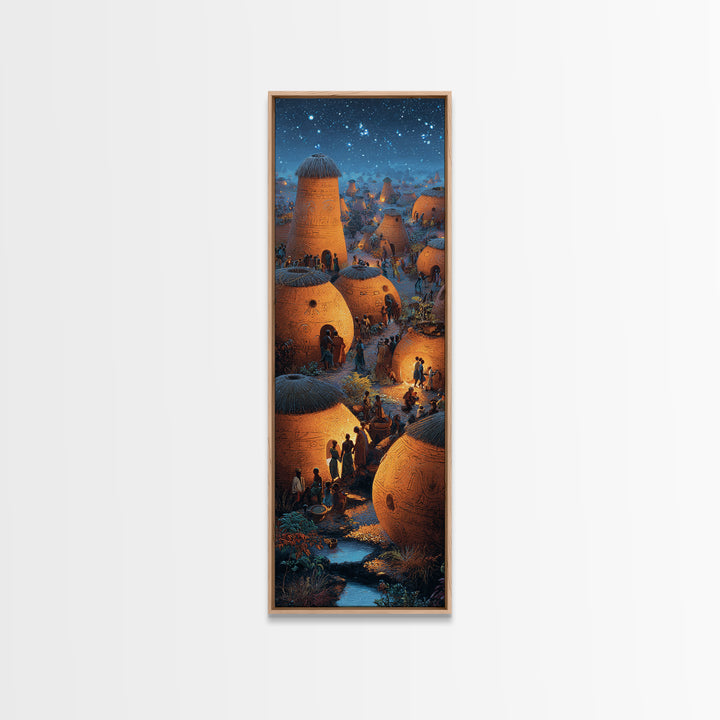 Glowing African Village At Starlit Night With Clay Huts Canvas Print, Afrocentric Wall Decor, Magical Motherland Home Art