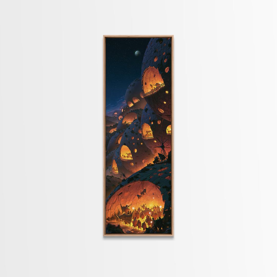 Futuristic African Dome City With Glowing Lanterns Wall Art, Afrofuturism Decor, Starry Night Sci Fi Landscape Print For Home Decor