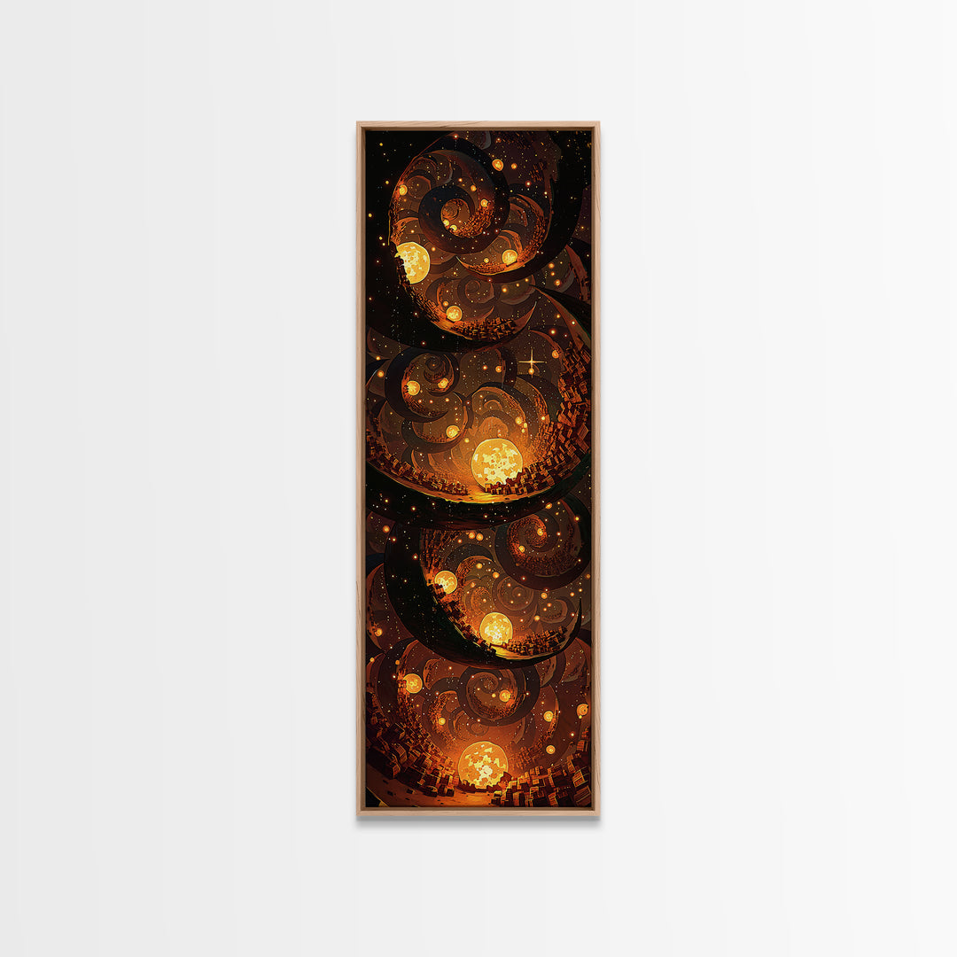 Golden Spiral Suns In A Mystical Night Sky, Canvas Print, Abstract Wall Art, Spiritual Decor, Bohemian Home Decor Gift For Bedroom
