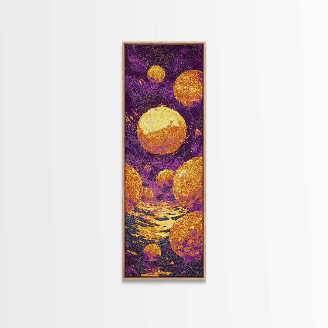 Floating Golden Planets Over Purple Cosmic Water, Canvas Print, Abstract Wall Art, Vibrant Decor, Unique Home Decor Gift