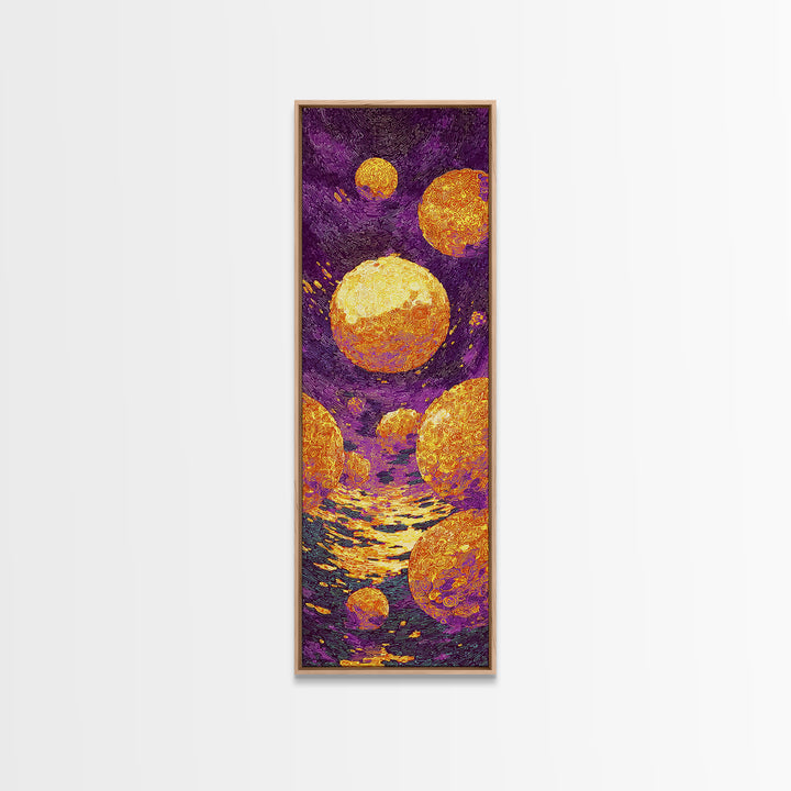 Floating Golden Planets Over Purple Cosmic Water, Canvas Print, Abstract Wall Art, Vibrant Decor, Unique Home Decor Gift