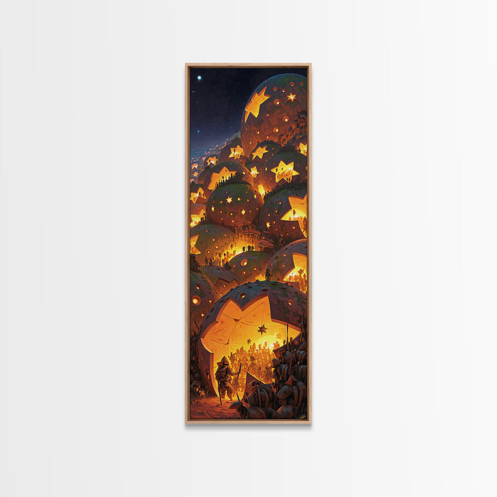 Glowing Star Lantern Village In Dreamy Mountains, Canvas Print, Wall Art, Cozy Night Decor, Magical Living Room Artwork Gift