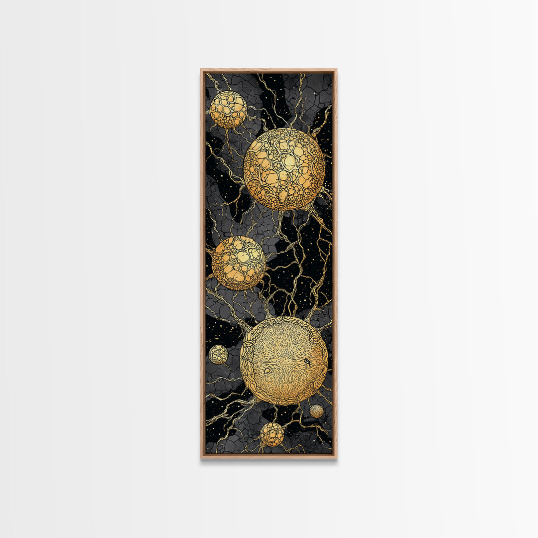Cracked Golden Spheres With Marble Veins, Framed Canvas Print, Abstract Wall Art, Black And Gold Decor, Luxury Artwork For Home