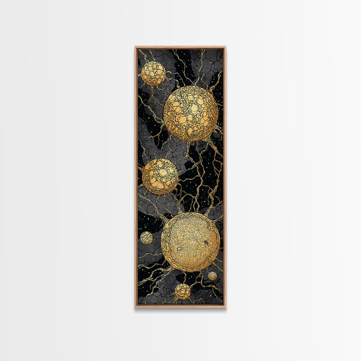 Cracked Golden Spheres With Marble Veins, Framed Canvas Print, Abstract Wall Art, Black And Gold Decor, Luxury Artwork For Home