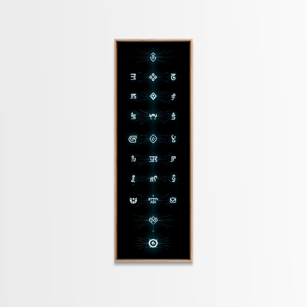 Glowing Cyan Mystic Glyphs Wall Art, Afrocentric Abstract Symbols, Spiritual Minimalist Black Decor, Modern Tribal Canvas Print