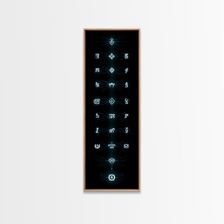 Glowing Cyan Mystic Glyphs Wall Art, Afrocentric Abstract Symbols, Spiritual Minimalist Black Decor, Modern Tribal Canvas Print