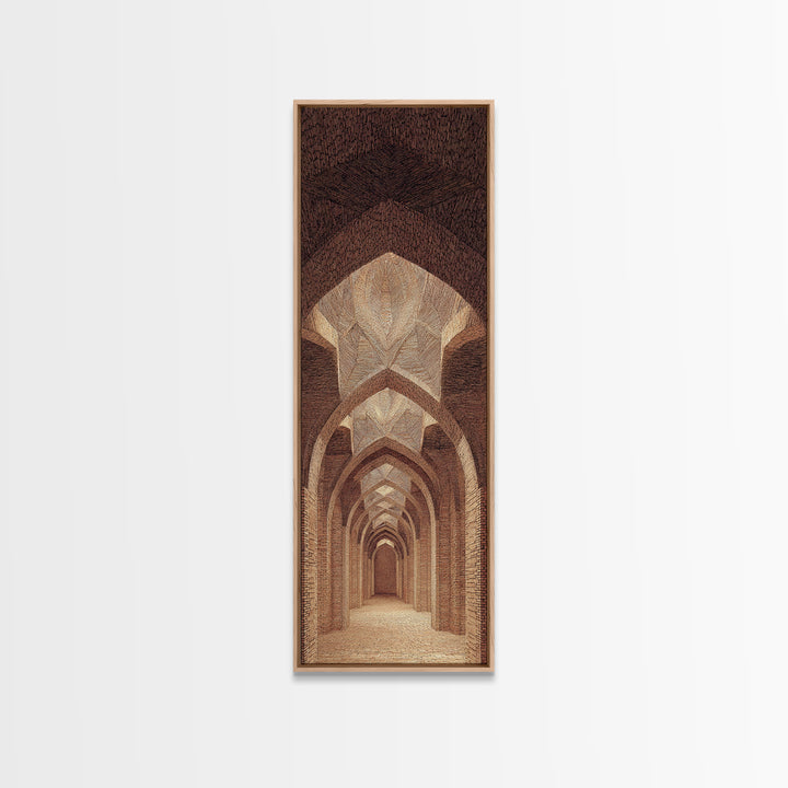 Sepia Arched Corridor Framed Canvas Print, Moroccan Inspired Architecture Wall Art, Earth Tone Boho Decor, Elegant Home Art