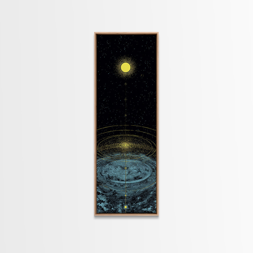 Golden Moon Over Cosmic Water Wall Art, Spiritual Celestial Abstract, Meditation Room Decor, Modern Black Canvas Print Gift