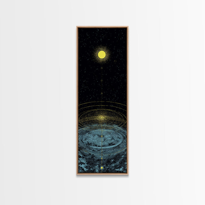 Golden Moon Over Cosmic Water Wall Art, Spiritual Celestial Abstract, Meditation Room Decor, Modern Black Canvas Print Gift