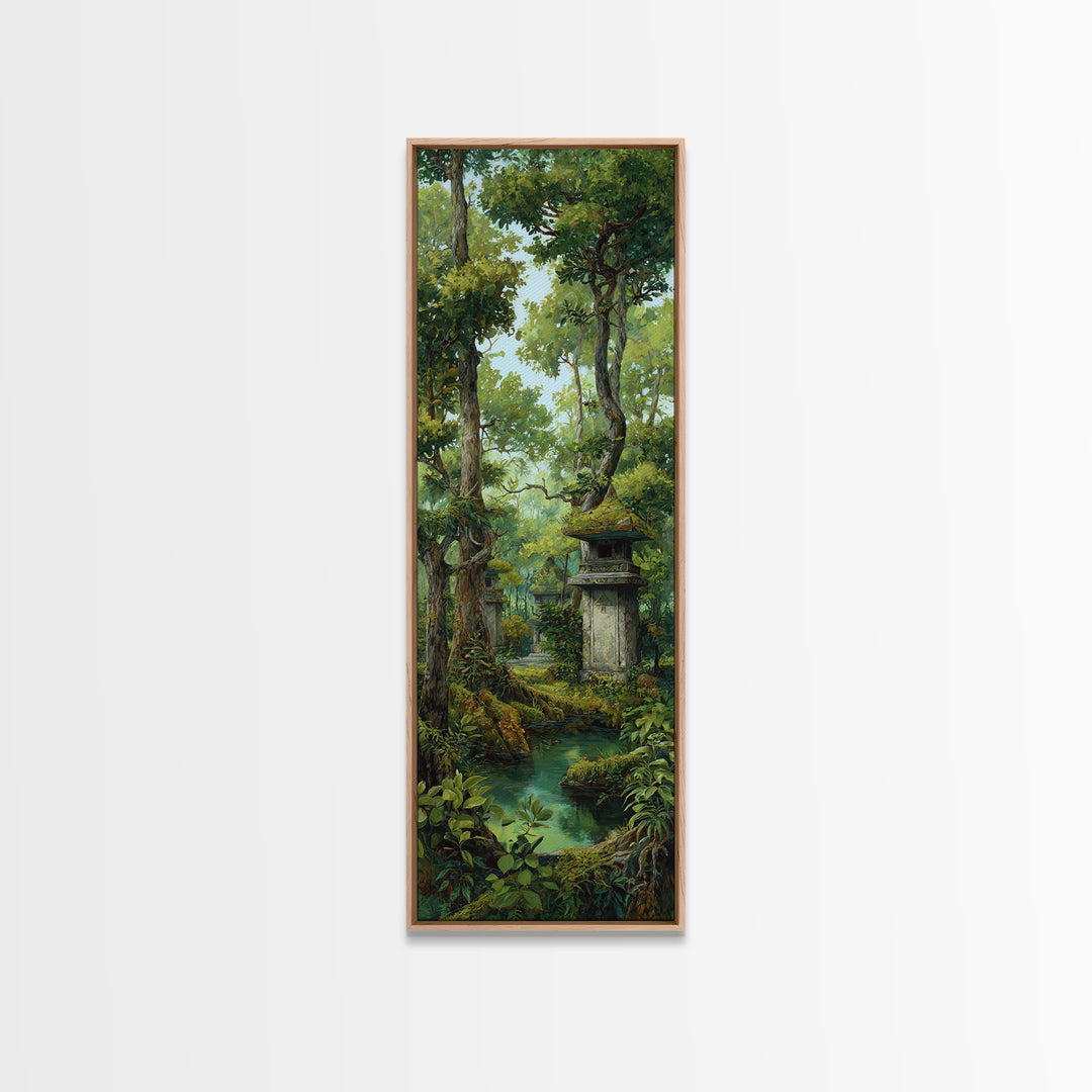Ancient Jungle Shrine And Emerald Stream Wall Art, Mystical Forest Landscape, Nature Scene, Green Botanical Home Decor Print