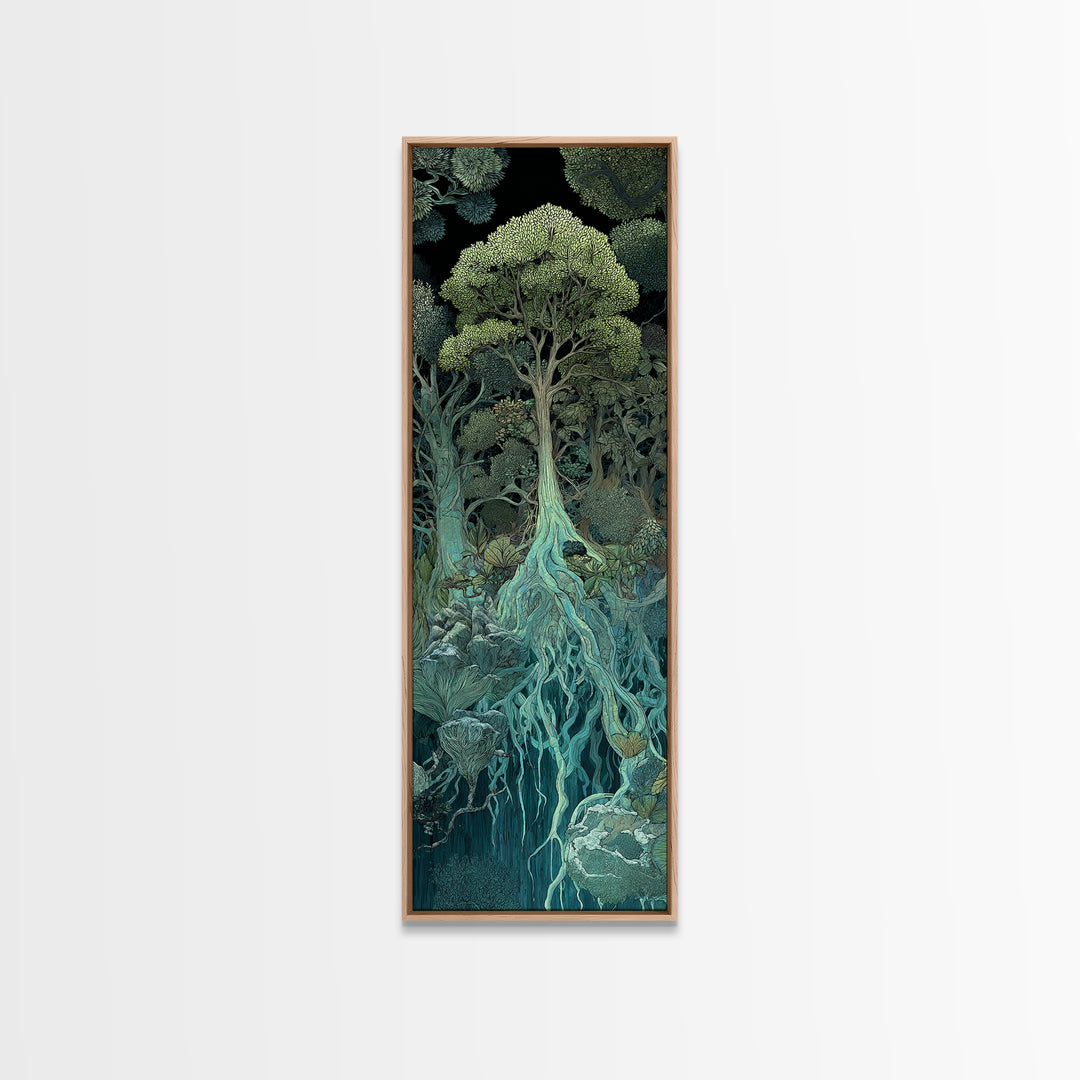 Glowing Root Tree In Dark Enchanted Forest Canvas Print, Mystical Wall Art, Spiritual Nature Decor, Surreal Botanical Home