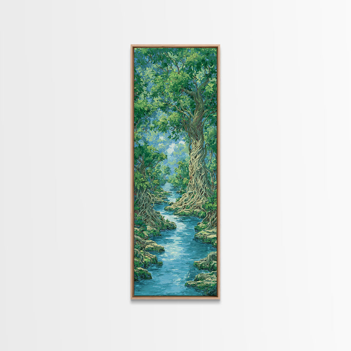 Ancient Tree River Path Through Emerald Forest Wall Art, Nature Scene, Green Landscape, Dreamy Jungle Decor For Home Print