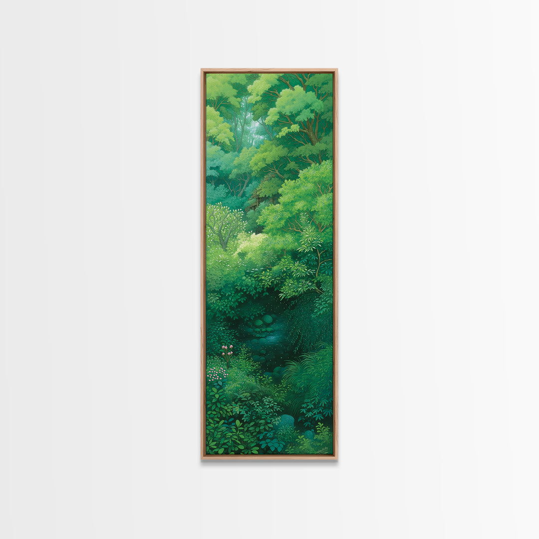 Verdant Hidden Creek And Soft Green Canopy Framed Canvas Print, Botanical Wall Art, Nature Scene, Calming Forest Decor Gift