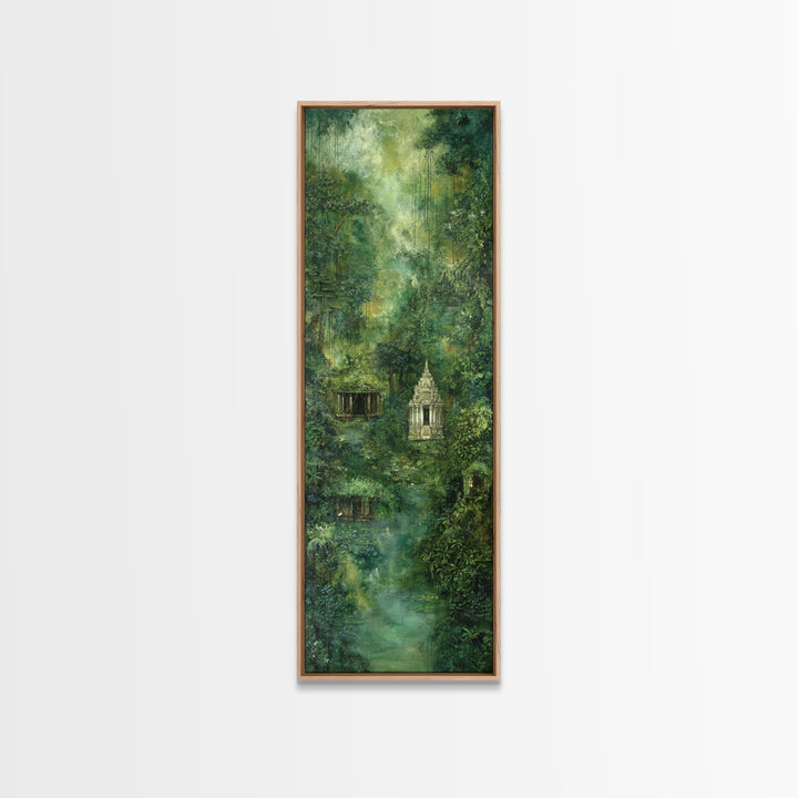 Misty Rainforest Temple With Hanging Vines Wall Art, Ancient Jungle Shrine, Spiritual Nature Scene, Green Home Decor Print