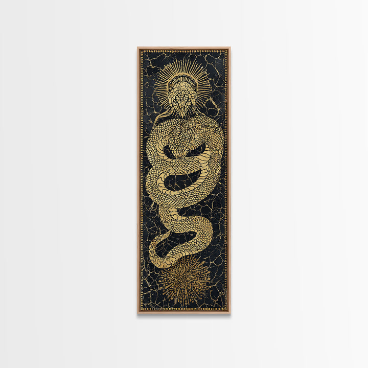 Golden Serpent Sun Mosaic On Black Canvas Print, Spiritual Wall Art, Mystical Snake Decor, Bold Statement Gift For Home Decor