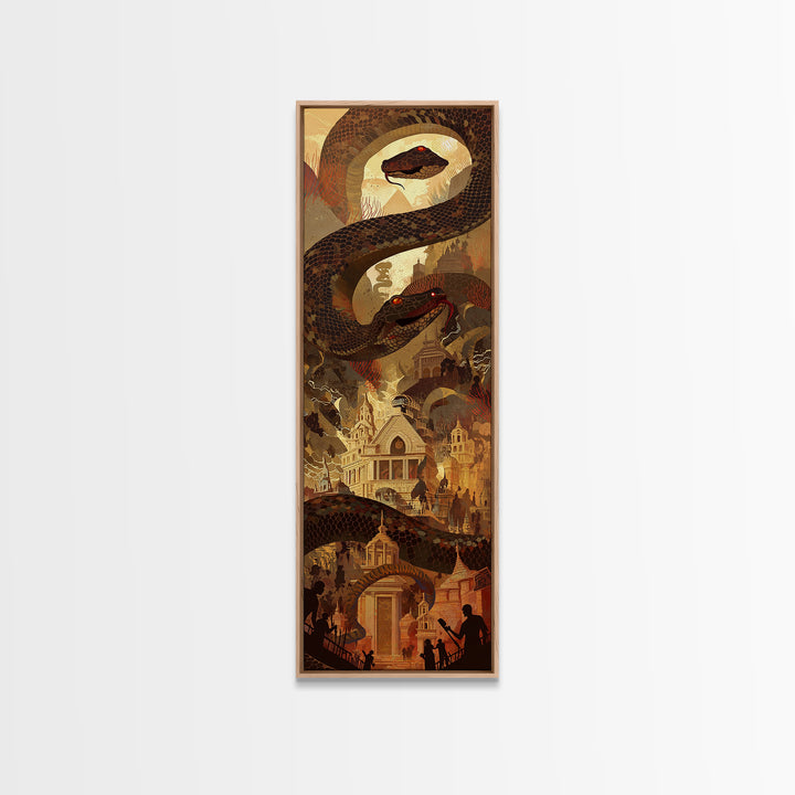 Giant Serpent Over Golden Fantasy City Wall Art, Mystical Statement Decor, Dark Academia Large Canvas Artwork For Living Room