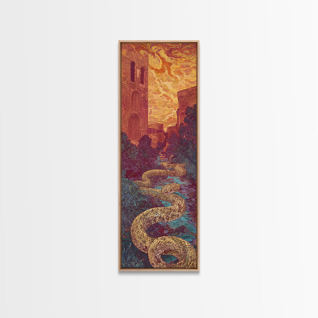 Golden Serpent Through Cathedral Garden Wall Art, Mystical Landscape Decor, Fantasy City Large Canvas Artwork For Home Gift