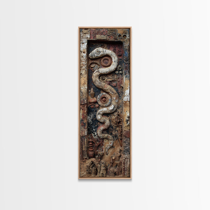 Ancient Serpent Relief On Weathered Door Wall Art, Textured Abstract Decor, Tribal Inspired Canvas Artwork For Home Entryway