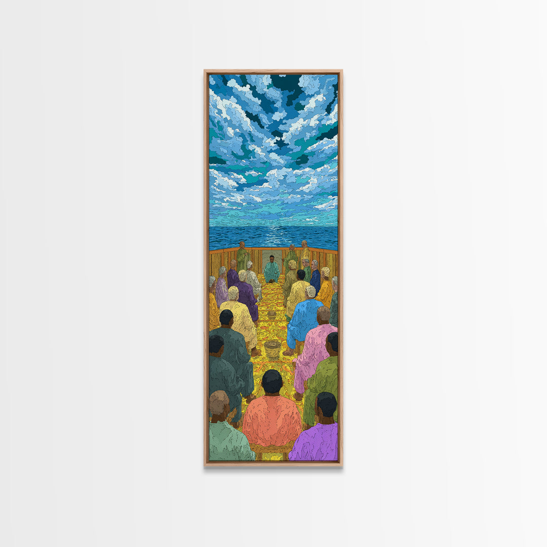 Ocean Baptism Gathering Under Blue Sky Canvas Print, African Spiritual Wall Decor, Coastal Church Art, Serene Home Gift, Calm Decor