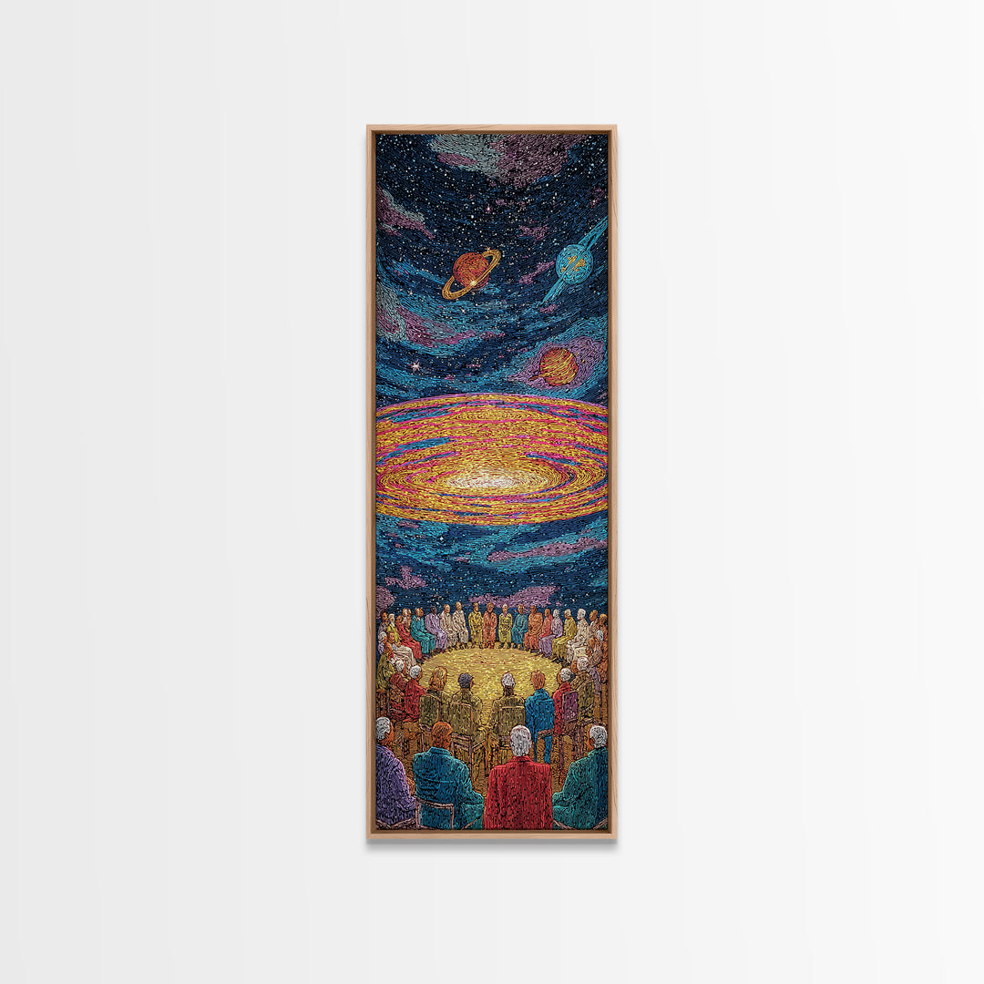 Cosmic African Ceremony With Planets Framed Canvas Print, Afrocentric Wall Art, Spiritual Galaxy Decor, Black Culture Gift