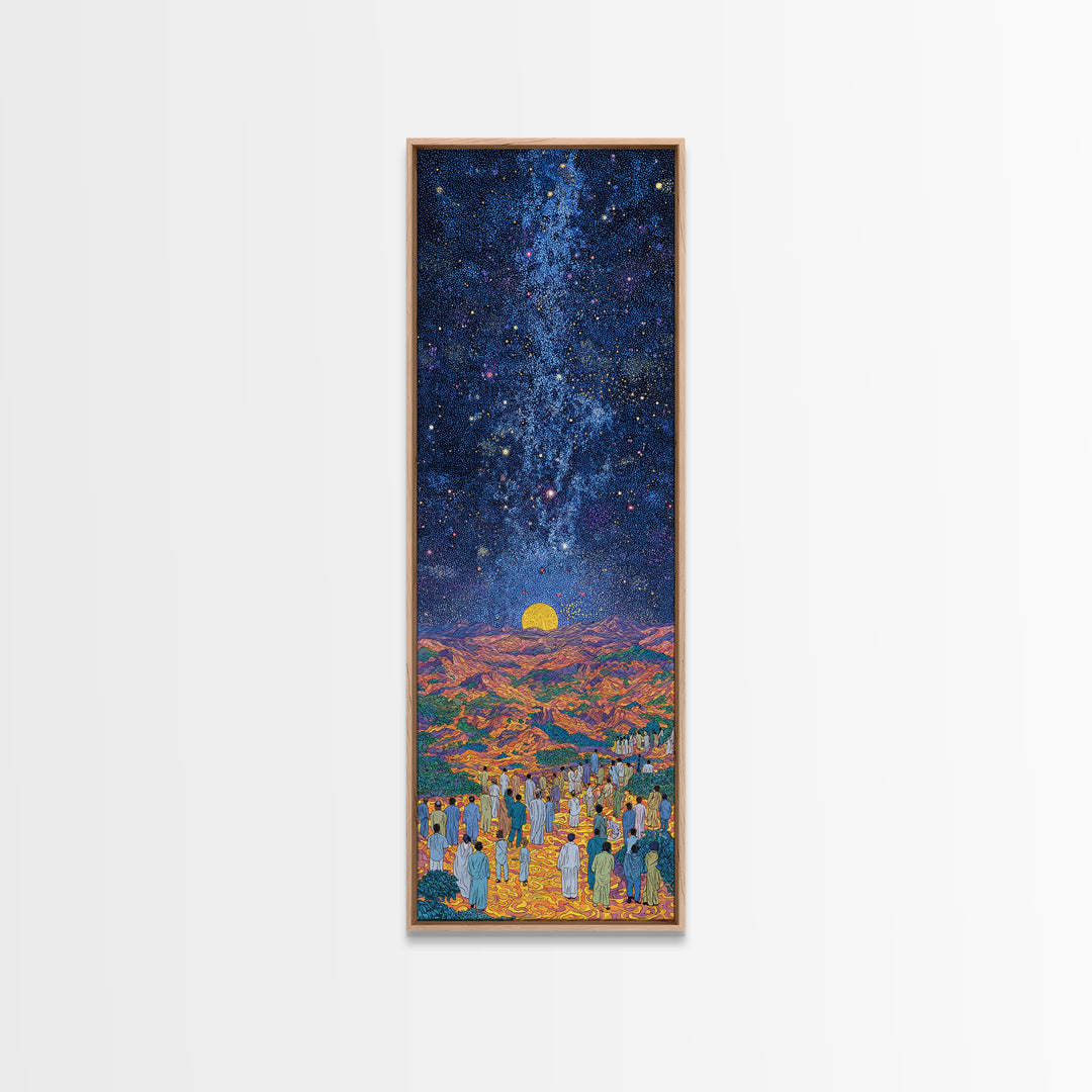 Starry Desert Pilgrimage With Rising Sun Wall Art, African Landscape Print, Celestial Night Decor, Cultural Home Gift, Bedroom Statement