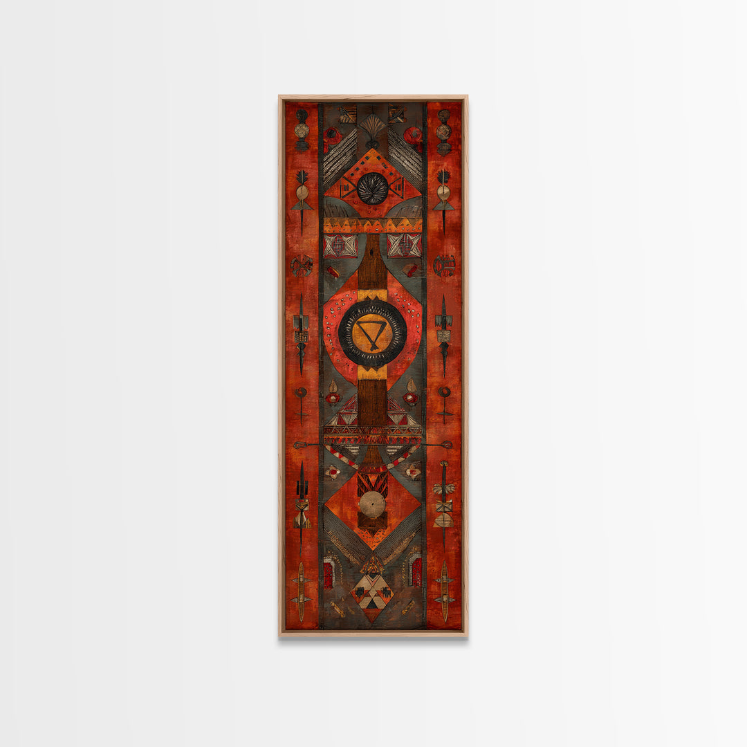 Red Geometric African Tribal Wall Art, Symbolic Pattern Canvas Print, Ethnic Cultural Decor, Bold Statement Home Decor Gift