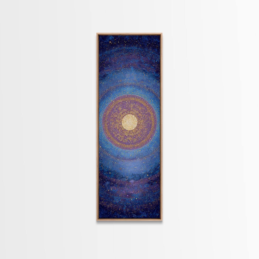 Blue Gold Cosmic Spiral Mandala Canvas Print, Abstract African Inspired Wall Decor, Spiritual Galaxy Art For Meditation Room