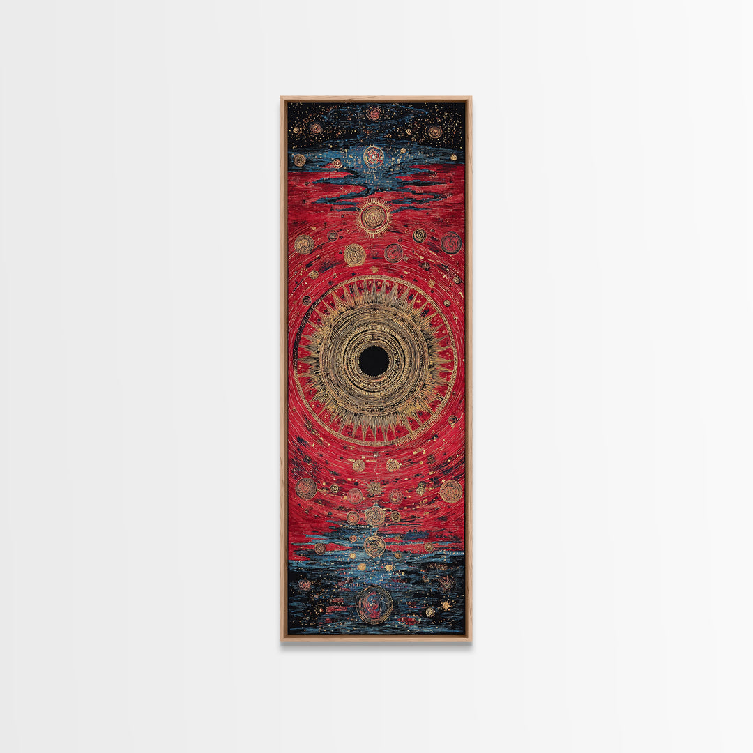 Red Gold Celestial Vortex Mandala Canvas Print, Abstract African Inspired Wall Art, Mystical Boho Decor For Spiritual Room