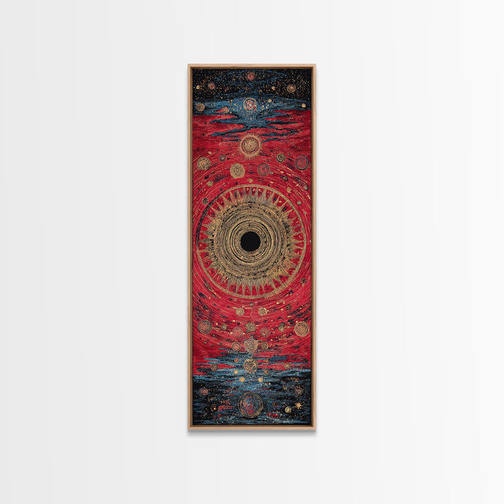Red Gold Celestial Vortex Mandala Canvas Print, Abstract African Inspired Wall Art, Mystical Boho Decor For Spiritual Room