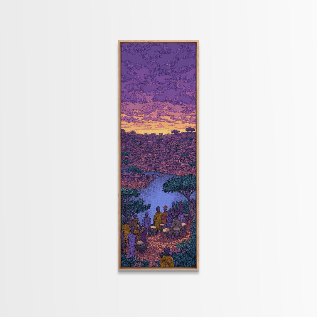 Purple African River City Sunset Wall Art, African Landscape Painting Print, Cultural Home Decor Canvas For Living Room Gift