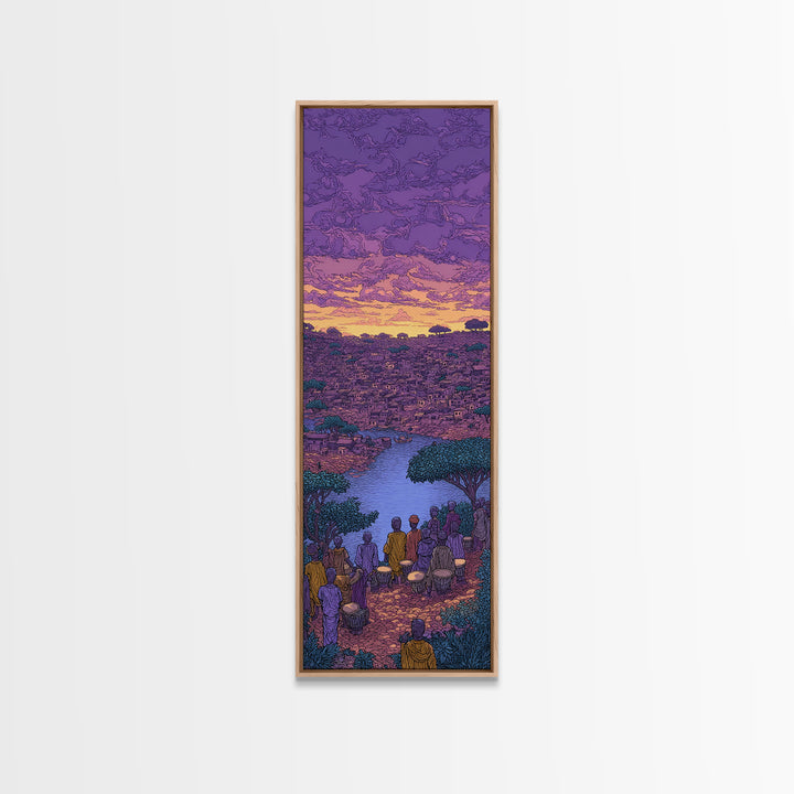 Purple African River City Sunset Wall Art, African Landscape Painting Print, Cultural Home Decor Canvas For Living Room Gift