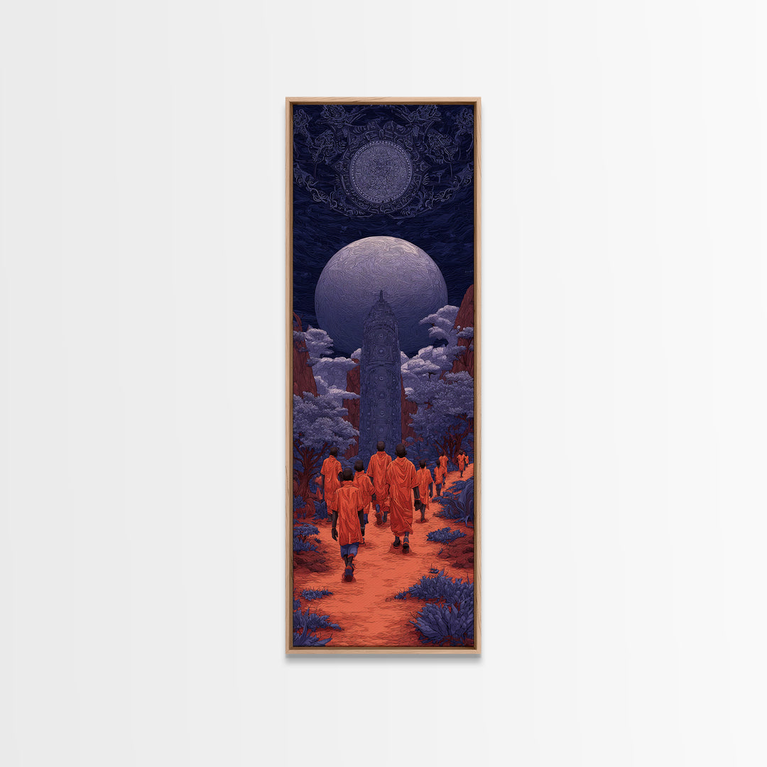 Orange Robed Pilgrims Beneath Twin Moons, African Wall Art, Afrocentric Decor, Mystical Landscape, Cultural Home Decor Gift
