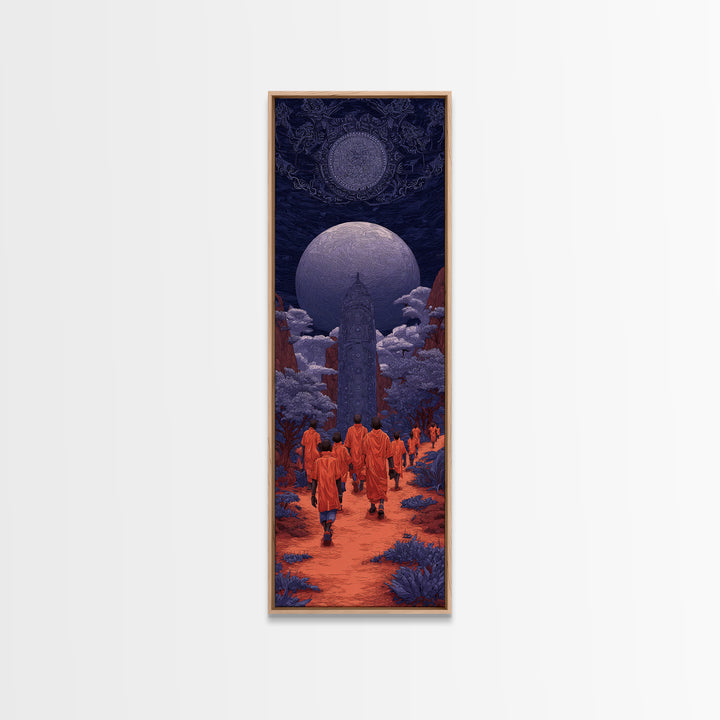 Orange Robed Pilgrims Beneath Twin Moons, African Wall Art, Afrocentric Decor, Mystical Landscape, Cultural Home Decor Gift