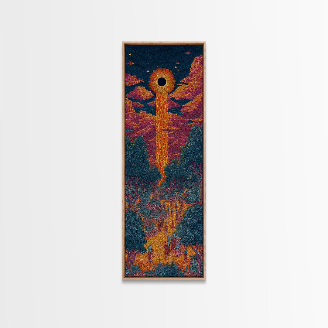 Solar Eclipse Portal Over Neon Forest, Framed Canvas Print, Mystical Wall Art, Afrocentric Decor, Vibrant Statement Piece
