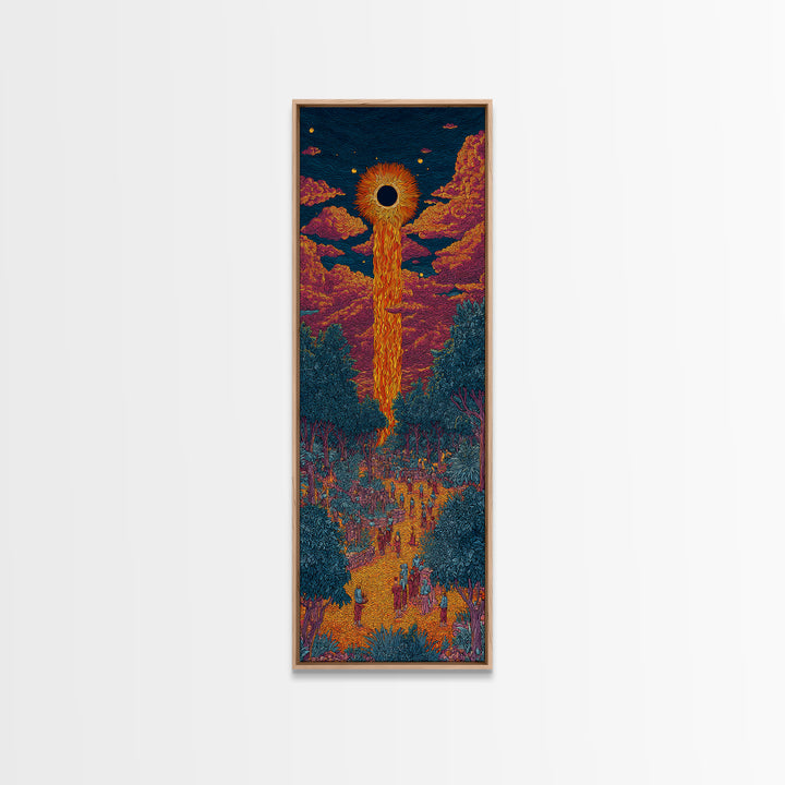 Solar Eclipse Portal Over Neon Forest, Framed Canvas Print, Mystical Wall Art, Afrocentric Decor, Vibrant Statement Piece