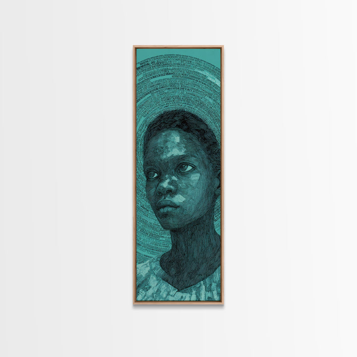 Teal Black Child Portrait With Halo Lines, Wall Art, Black Girl Art, Afrocentric Decor, Feminine Home Decor Gift For Her