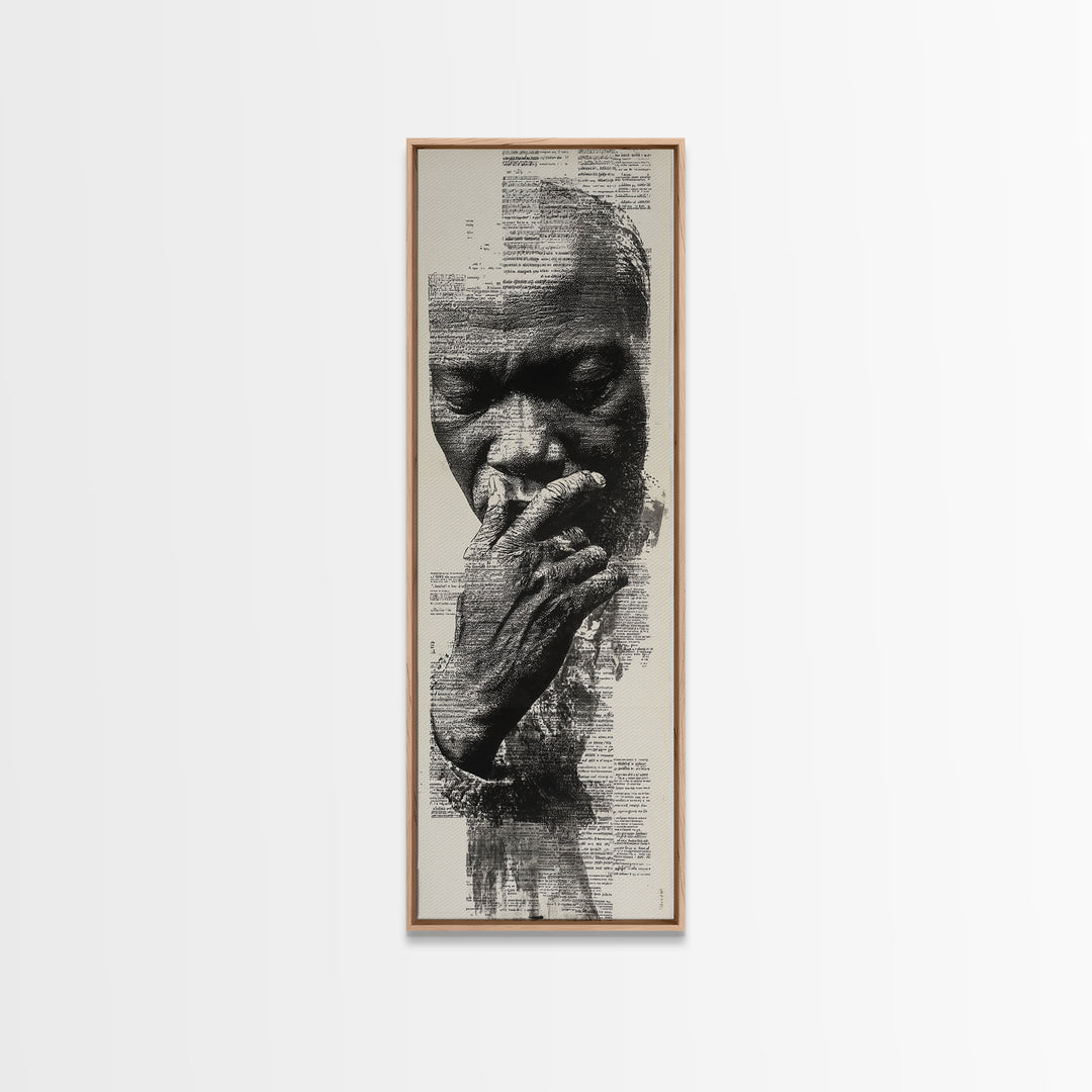 Contemplative Black Man Portrait In Text, Framed Canvas Print, Black Wall Art, Afrocentric Decor, Thoughtful Gift For Him
