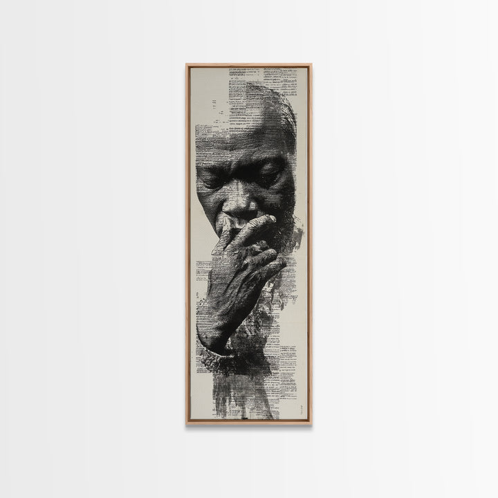 Contemplative Black Man Portrait In Text, Framed Canvas Print, Black Wall Art, Afrocentric Decor, Thoughtful Gift For Him