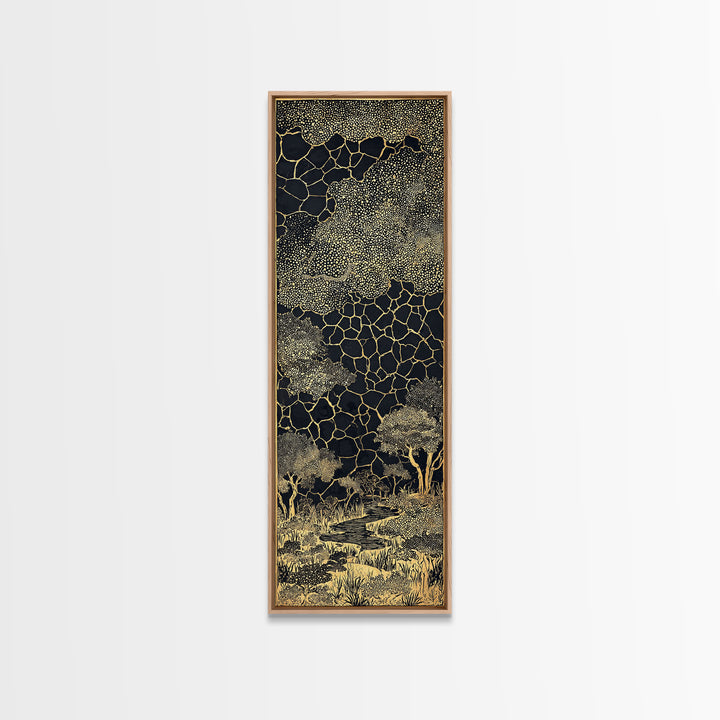 Gold Acacia Trees In Cracked Night Landscape Canvas Print, African Wall Art, Black And Gold Tribal Decor, Luxury Home Accent