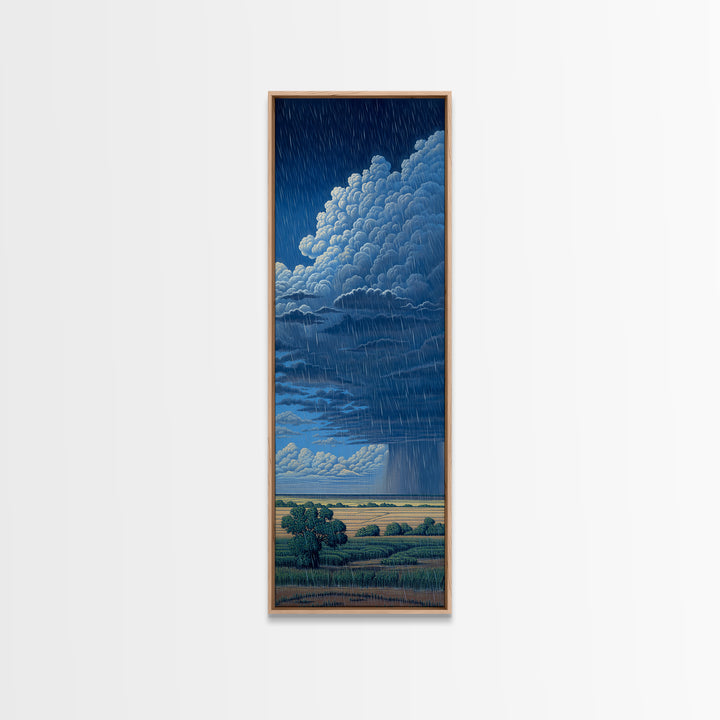 Blue Rainstorm Over African Plains Framed Canvas Print, Dramatic Cloud Wall Art, Nature Scene Decor, Unique Landscape Gift