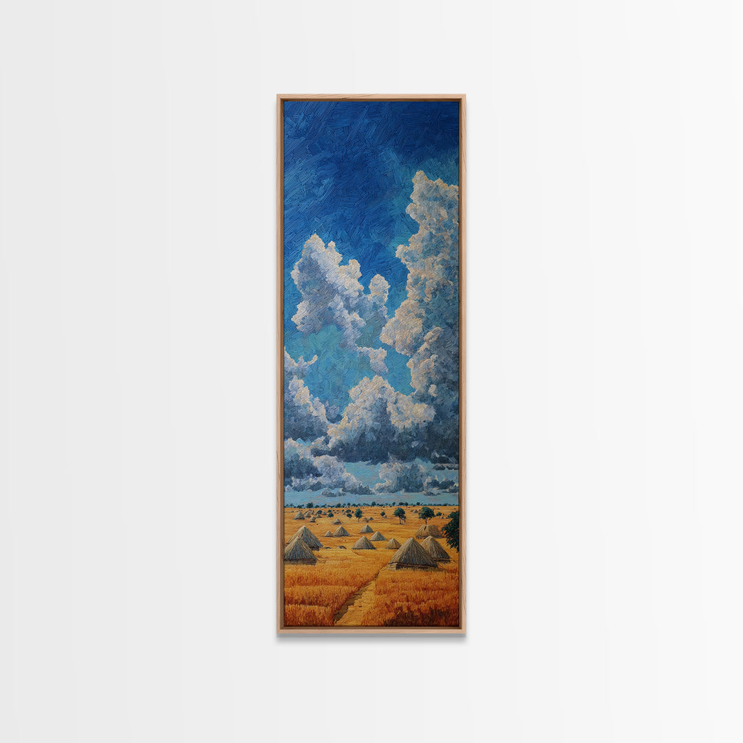 Golden Savanna Huts Under Towering Blue Clouds Canvas Print, African Landscape Wall Decor, Safari Art For Living Room Decor Gift
