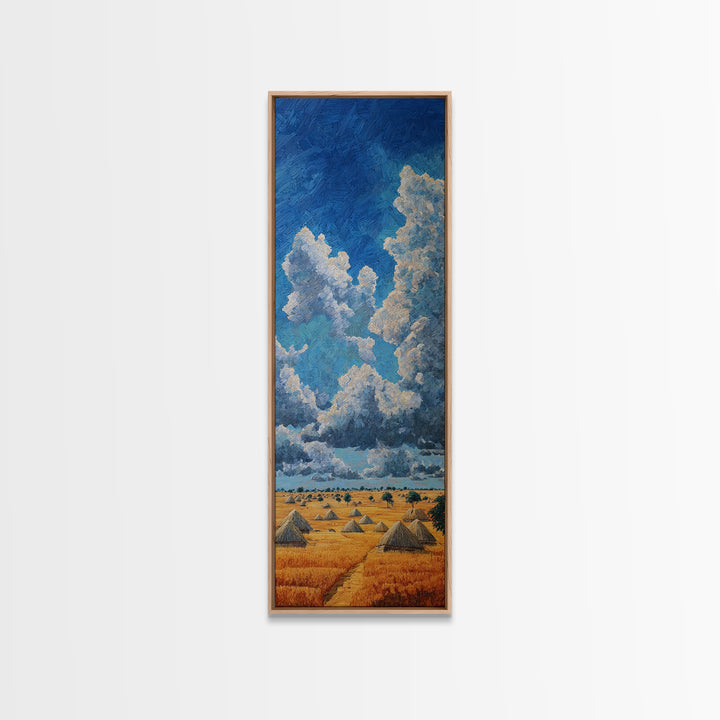 Golden Savanna Huts Under Towering Blue Clouds Canvas Print, African Landscape Wall Decor, Safari Art For Living Room Decor Gift