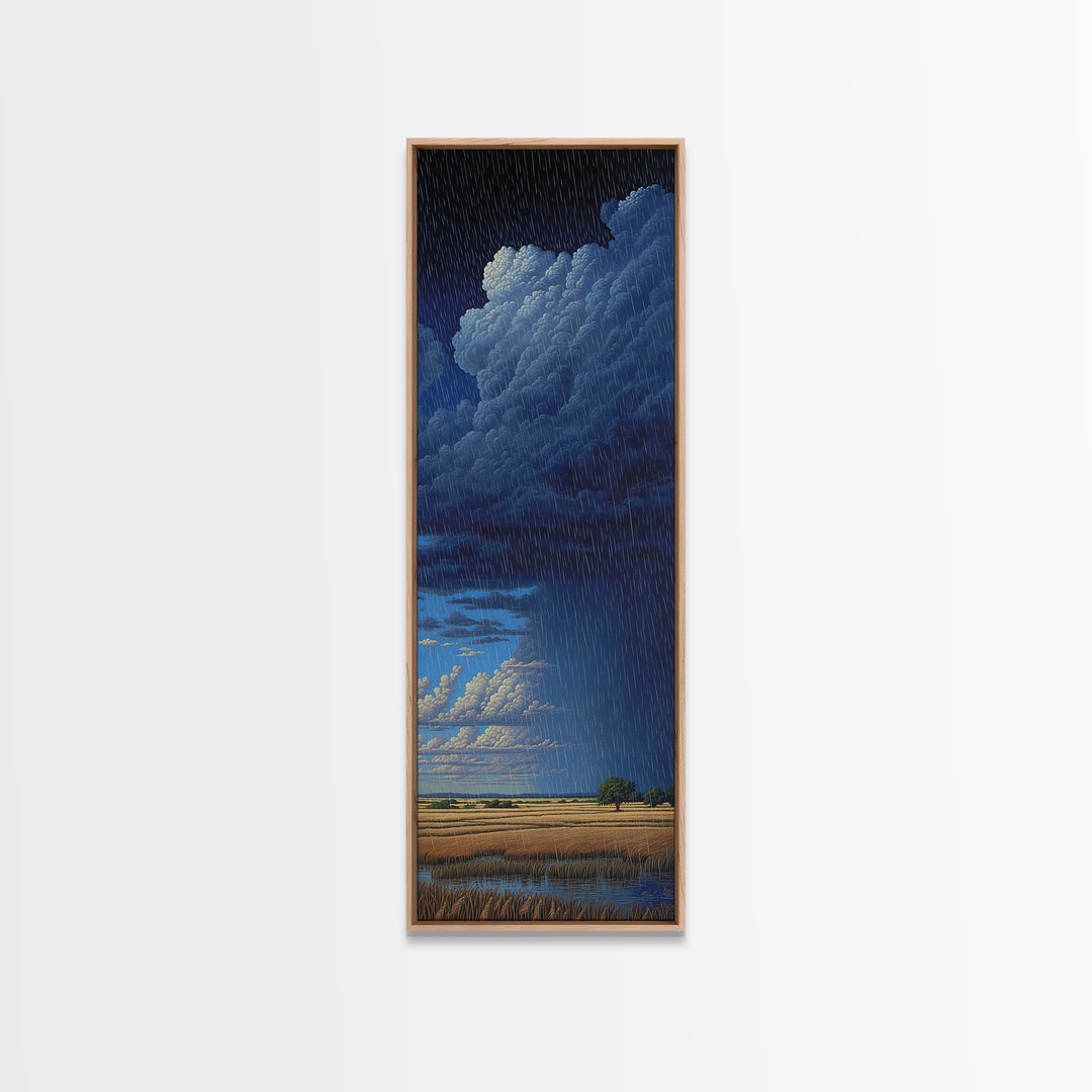 Night Rainstorm Over Wide Golden Plains Wall Art, African Landscape Print, Moody Storm Decor, Blue Safari Canvas Gift For Home
